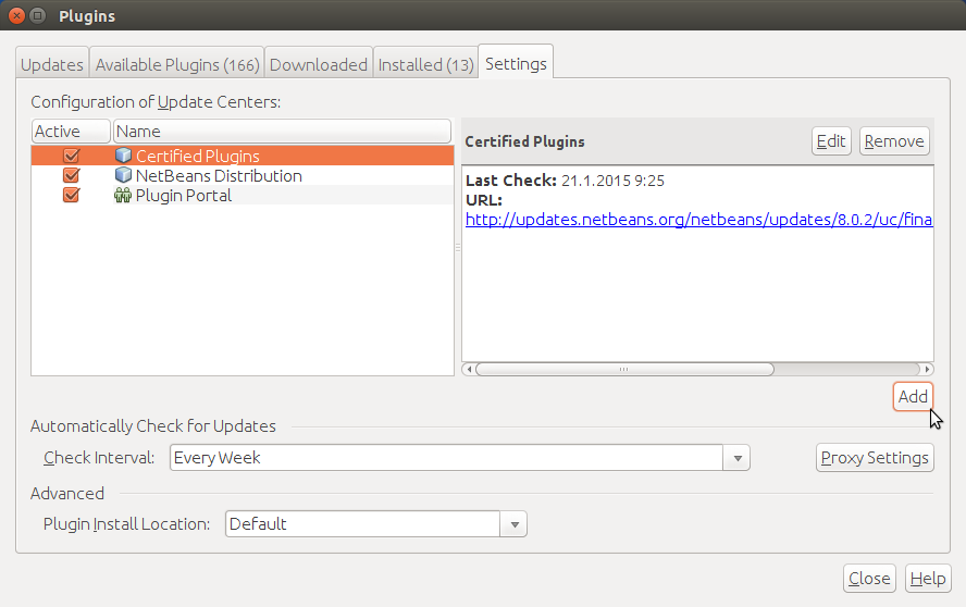 NetBeans Plugins Settings->Add